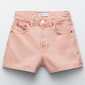 Zara 🆕 High Rise Waisted Denim Shorts Pink Peach Button Fly 38 6 28 Jean bottom
